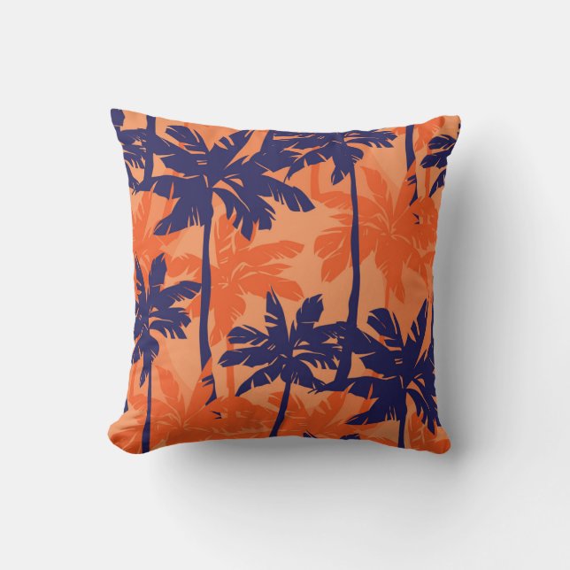 Blauw palmsilhouet, oranje achtergrond kussen (Voorkant)