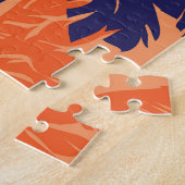 Blauw palmsilhouet, oranje achtergrond legpuzzel (Zijkant)