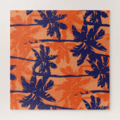 Blauw palmsilhouet, oranje achtergrond legpuzzel (Horizontaal)