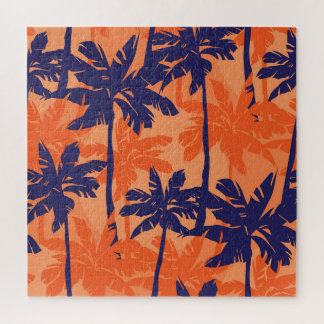Blauw palmsilhouet, oranje achtergrond legpuzzel