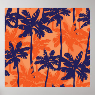 Blauw palmsilhouet, oranje achtergrond poster
