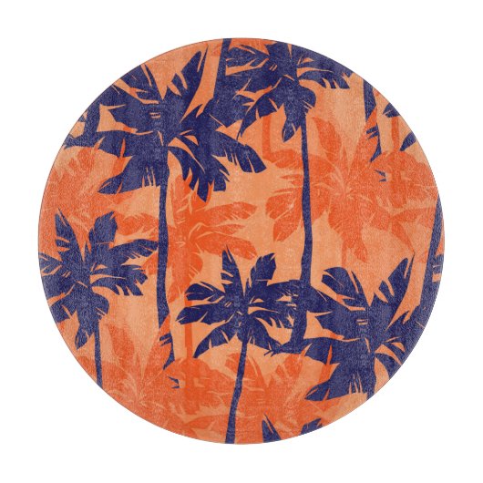 Blauw palmsilhouet, oranje achtergrond snijplank (Voorkant)