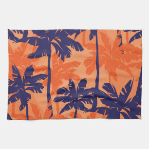 Blauw palmsilhouet, oranje achtergrond theedoek