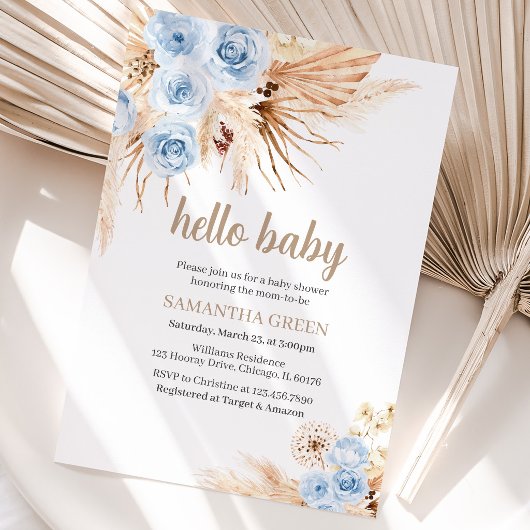Blauw Pampagras Boho Baby Shower Kaart