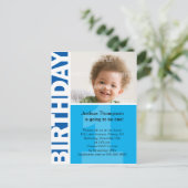 Blauw paneel 1e verjaardag uitnodiging briefkaart (Staand voorkant)