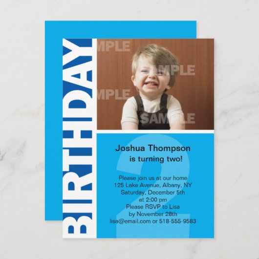 Blauw paneel 2e verjaardag Uitnodiging (Voorkant / Achterkant)