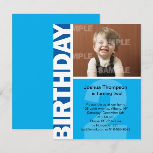 Blauw paneel 2e verjaardag Uitnodiging Briefkaart (Voorkant / Achterkant)