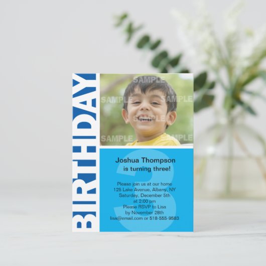 Blauw paneel 3e verjaardag uitnodiging (Staand voorkant)