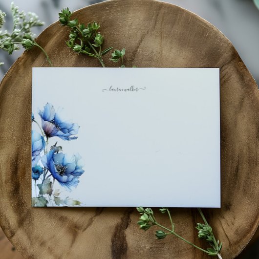 Blauw Papaver Floral Monogram Notitiekaartje