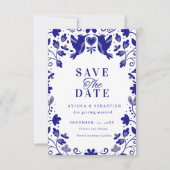Blauw Papel Picado Geïnspireerd Huwelijk  Save The Date (Voorkant)