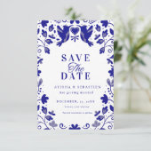 Blauw Papel Picado Geïnspireerd Huwelijk  Save The Date (Staand voorkant)