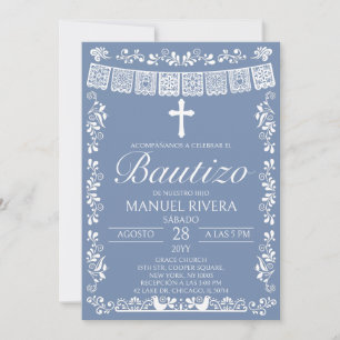 Blauw Papel Picado Spaans Bautizo Uitnodiging