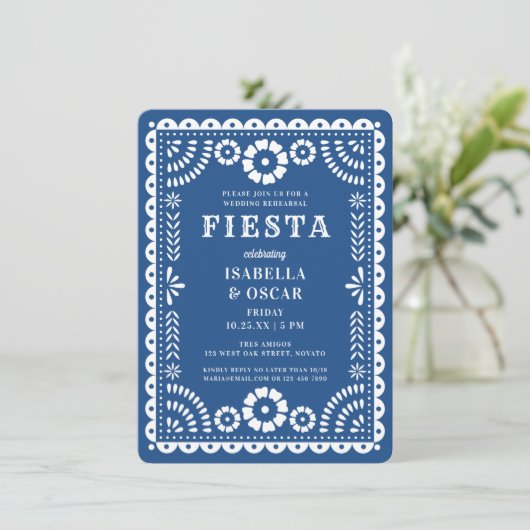  blauw papel Picado Weddenschap Kaart (Staand voorkant)