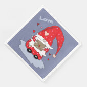 Blauw papier servetten met rode gnoom en harten (Hoek)