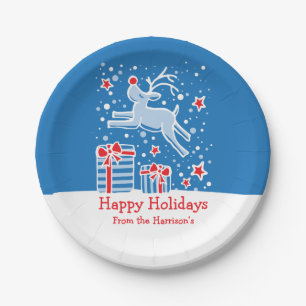 Blauw papier voor kerstrendiervogelpatronen borden papieren bordje