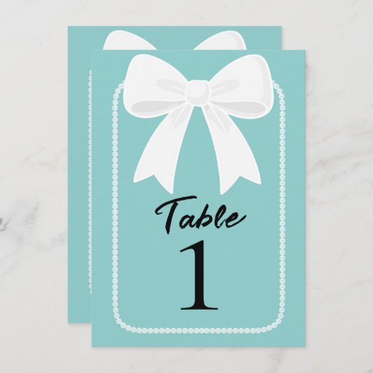 Blauw Parels met Witte Bogen Coquette Tafelnummer (Voorkant / Achterkant)