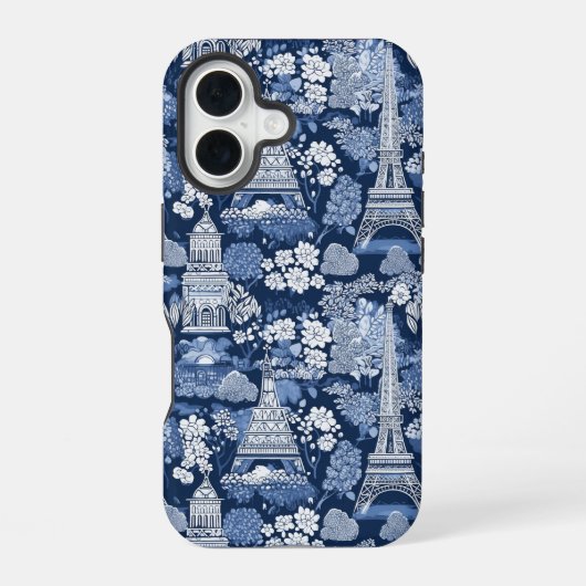 Blauw Parisian Blue Toile stof met patroon iPhone 16 Hoesje (Achterkant)