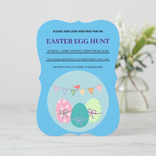 Blauw Pasen Eenvoudige Brunch Ei Hunt Uitnodiging (Staand voorkant)