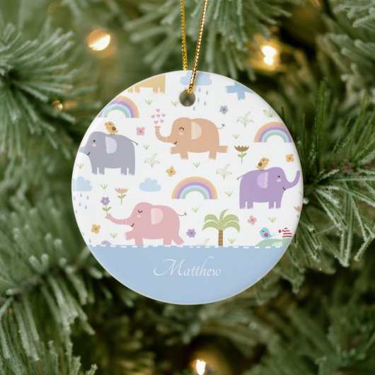Blauw pastel Elephant Pattern Little Boy Kerstmis Keramisch Ornament (Boom)