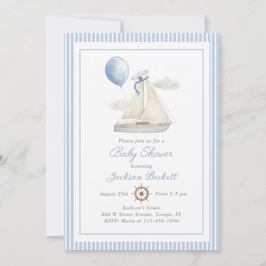 Blauw Pastel Nautilus Zeilboot Baby Borrel Kaart (Voorkant)