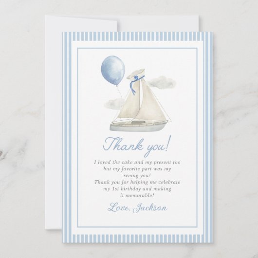 Blauw Pastel Scheeps 1e Verjaardag Bedankkaart (Voorkant)