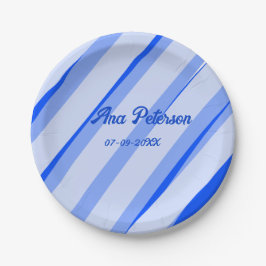 Blauw pastelkleurige naam datum boho retro lijnen  papieren bordje