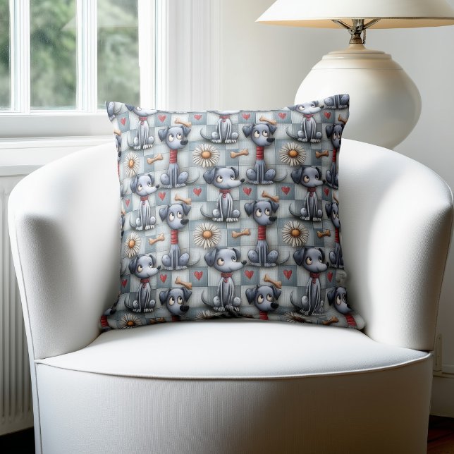 Blauw Patchwork Hond Motief Kussen (Creator heeft geüpload)