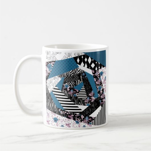 Blauw patchwork, populair, patchwork, volkskunst,  koffiemok (Links)