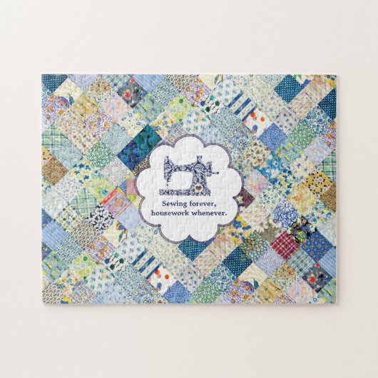 Blauw patchwork Quilt Puzzle Legpuzzel (Horizontaal)