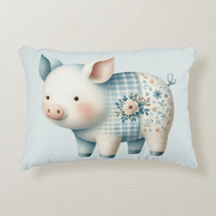 Blauw Patchwork Varkenshuisje Cottagecore Illustra Accent Kussen