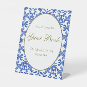 Blauw patroon bruiloft gastenboek teken reclamebord met voetstuk