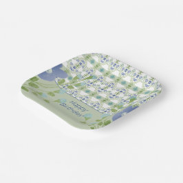 Blauw patroon en bloemig papieren bordje