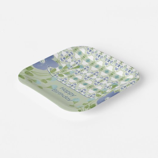 Blauw patroon en bloemig papieren bordje (Gebogen)