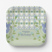 Blauw patroon en bloemig papieren bordje (Voorkant)