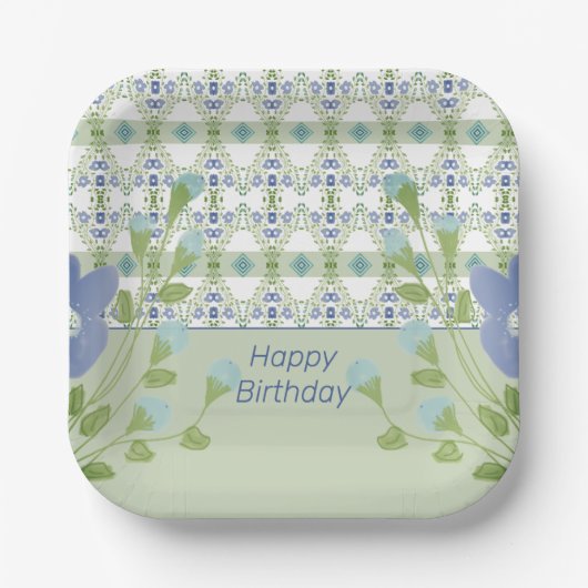 Blauw patroon en bloemig papieren bordje (Voorkant)