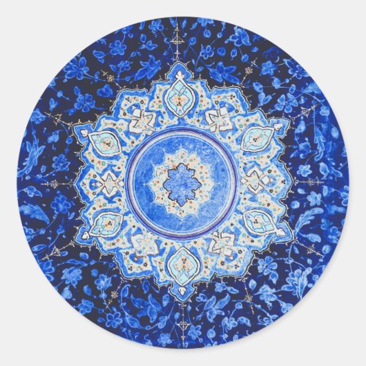  blauw patroon met Floral Mandala Ronde Sticker (Voorkant)