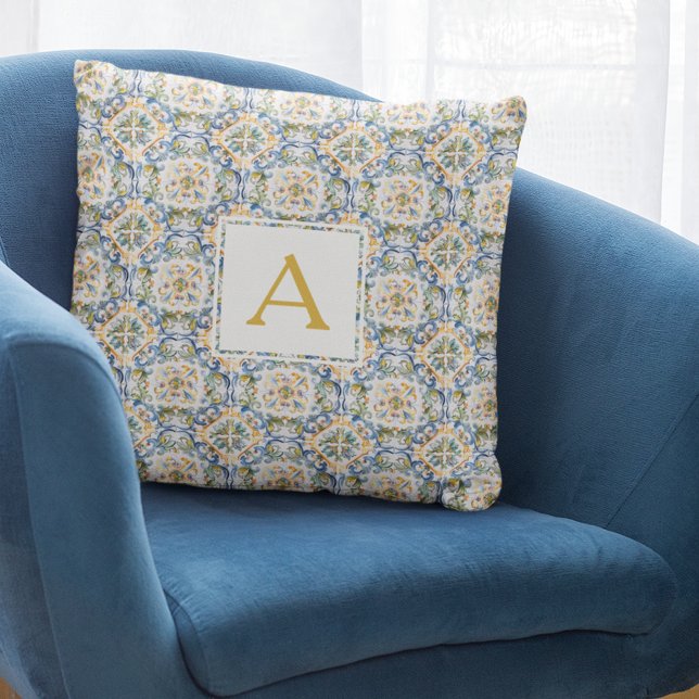 Blauw patroon monogram kussen (Blue Pattern Monogram Throw Pillow
)