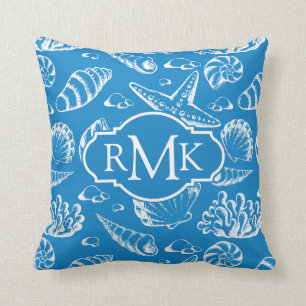 Blauw Patroon   van het Strand Monogram Kussen