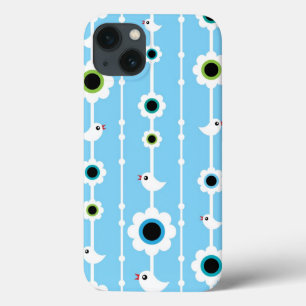 blauw patroon van vogel en bloemen iPhone 13 hoesje