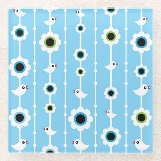 blauw patroon van vogel en bloemen glazen onderzetter (Voorkant)