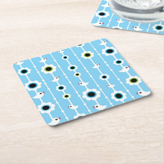 blauw patroon van vogel en bloemen kartonnen onderzetters (Schuin)