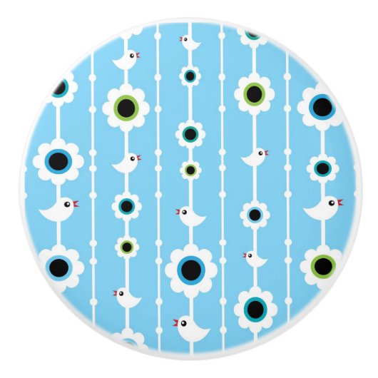 blauw patroon van vogel en bloemen keramische knop (Voorkant)