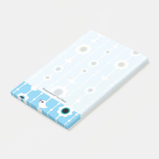blauw patroon van vogel en bloemen post-it® notes (Schuin)