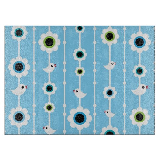 blauw patroon van vogel en bloemen snijplank (Voorkant)