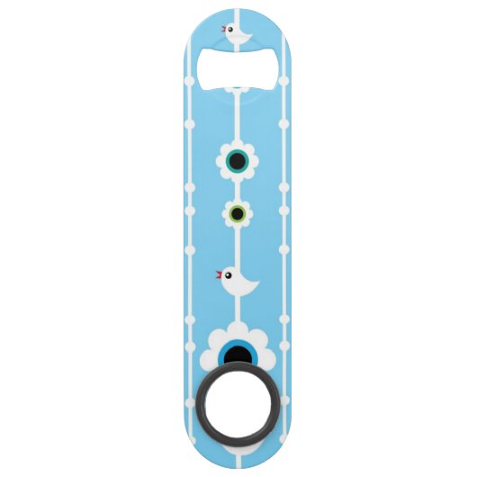 blauw patroon van vogel en bloemen speed flessenopener (Achterkant)
