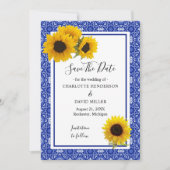  blauw patroon Zonnebloem sparen de Datum Save The Date (Voorkant)