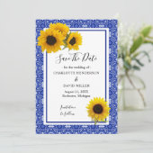  blauw patroon Zonnebloem sparen de Datum Save The Date (Staand voorkant)