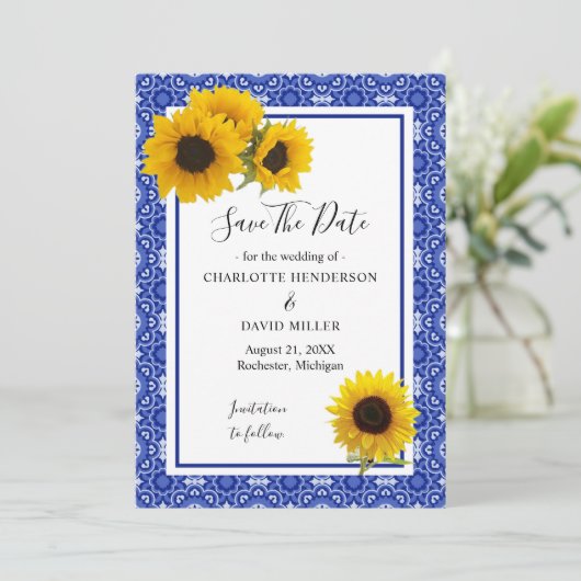  blauw patroon Zonnebloem sparen de Datum Save The Date (Staand voorkant)