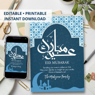 Blauw patroonboog Moskeesilhouet Eid-kaart Feestdagenkaart