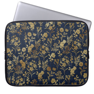 Blauw patroonpatroon met goudbloemen laptop sleeve
